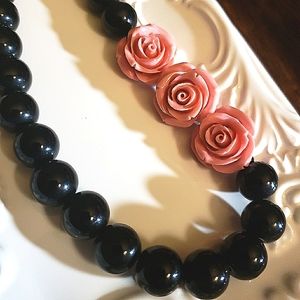 Black Glass Beads and Carved Rose Resin Handmade Necklace